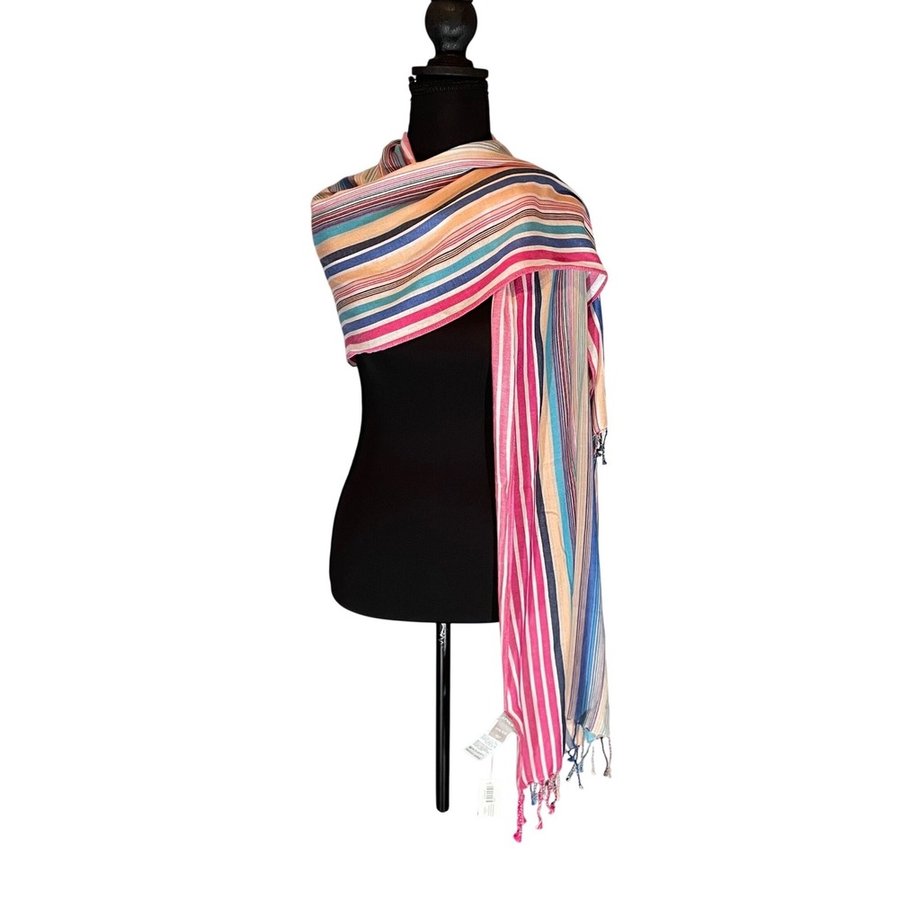 Chico's Womens Multicolor Striped Cotton Modal‎ Tassel Fringe Wrap Shawl Scarf